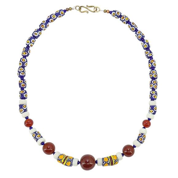 Boho Tribal Artisan Necklace Krobo Bead Carnelian Lapis Lazuli Jade Lampwork 21" - Picture 2 of 7